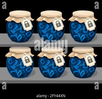 Well secured data, shelves, Funny vintage concept. Illustration of six jam glass jars with binary code 3d symbols and label with lock icon. Stock Photo