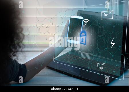 Blue interface background with icons set and Left-handed woman using a mobile phone for online shopping, payment or protection of personal data concep Stock Photo