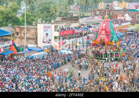 The picture shows an aerial view of Grand Road in Puri city. The picture was taken during the ratha yatra procession. Stock Photo