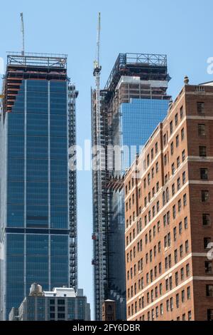 Skyscrapers Under Construction In Hudson Yards as Seen from the MTH on West 33nd Street, looking west, NYC, USA Stock Photo