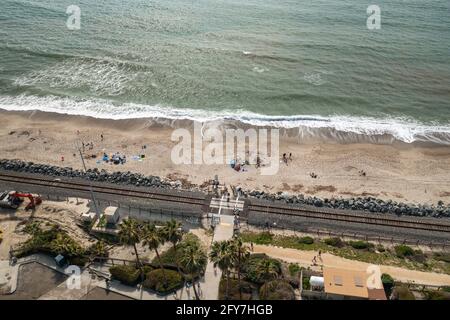 Aerial View San Clemente State Beach Shoreline and Train Tracks Stock Photo