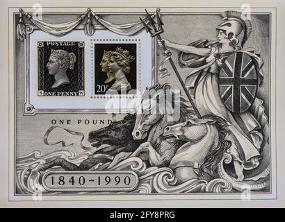 1990 GB miniature sheet celebrating the 150th anniversary of the Penny Black postage stamp. Stock Photo