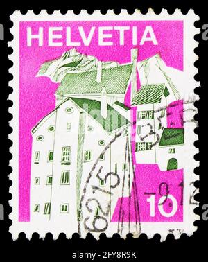 MOSCOW, RUSSIA - SEPTEMBER 23, 2019: Postage stamp printed in Switzerland shows Splügen (Graubünden), Landscapes serie, circa 1973 Stock Photo