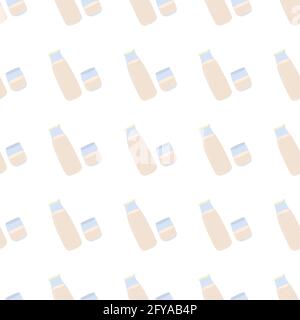 Hand drawn seamless pattern with milk in bottle and glass for wallpaper design. Vector isolated illustration. Stock Vector