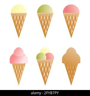 Ice cream set. Different filling waffle cones. Isolated vector illustration on white background. Print on paper, fabric, ceramic Stock Vector
