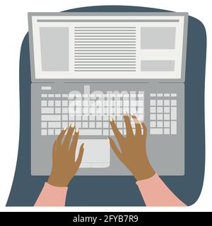 Human writing article for website. Laptop and hands on the keyboard. People using laptop at home. Top view. Freelance work concept. Vector illustratio Stock Vector
