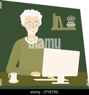 Old man work at home. Elderly freelancer using computer. Freelance work for everyone concept. Isolated vector illustration Stock Vector