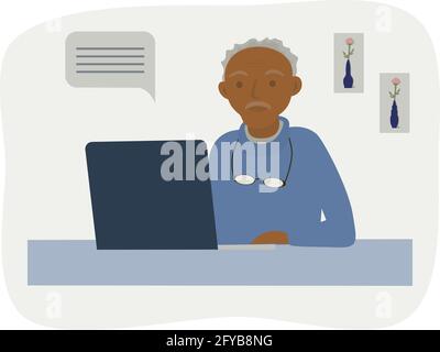 Elderly freelancer using laptop. Freelance work for everyone concept. Old man working or studying at home. Online communication. Isolated vector illus Stock Vector