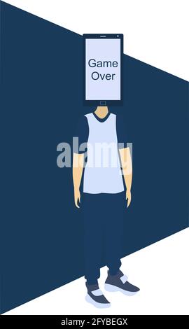 Video game or social media addiction. Dependence problems. Teenager boy has phone instead of head. Gaming disorder. Psychology concept. Vector illustr Stock Vector