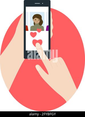 Human hand holding smartphone and click on heart. Person using online dating app on phone. Man and woman searching for love and relationship. Online d Stock Vector