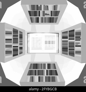 Library view from above. Bookshelves and big open book. Colorless vector illustration Stock Vector