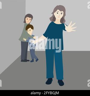 Stop violence against child. Strong mother protects her kids. Scared girl and boy stand in the corner. Children victims aggression. Family abuse Vecto Stock Vector