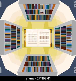 Library view from above. Bookshelves and big open book. Vector illustration Stock Vector