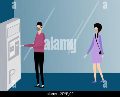 Man inserting ticket or credit card into parking machine to pay. Woman waiting for her turn. People in protective mask. Vector illustration. Contactle Stock Vector