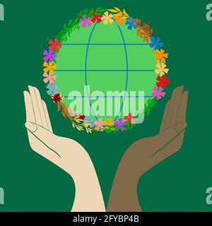 Green planet. Two different human hands holding Earth  Vector illustration for earth day and world environment day Stock Vector