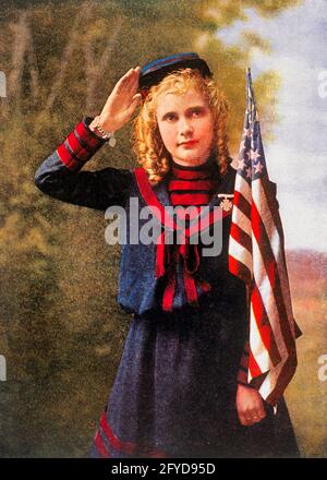 1910s VINTAGE PAINTING OF PATRIOTIC BLONDE GIRL CADET IN UNIFORM HOLDING FLAG SALUTING WEARING CAP BRACELET MEDAL - kh13530 NAW001 HARS SYMBOL COLOR SOLDIERS OLD TIME NOSTALGIA OLD FASHION 1 JUVENILE STYLE BLOND FLAGS BATTLE CONFLICT FEMALES UNITED STATES LADIES PERSONS UNITED STATES OF AMERICA BRACELET NORTH AMERICA NORTH AMERICAN WARS UNION TURN OF THE 20TH CENTURY UNIFORMS 1860s KEPI PATRIOTIC STARS AND STRIPES TEENAGED CADET OLD GLORY JUVENILES MEDAL RED WHITE AND BLUE SALUTING AMERICAN CIVIL WAR BATTLES CAUCASIAN ETHNICITY CIVIL WAR CONFLICTS OLD FASHIONED Stock Photo