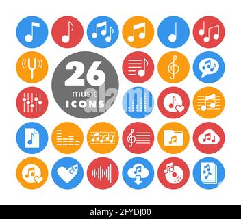 Music notes flat vector white glyph icons set. Graph symbol for music and sound web site and apps design, logo, app, UI Stock Vector