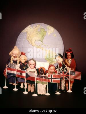 1970s GLOBE WORLD DOLLS FLAGS DIVERSE RACES MULTICULTURAL UNITY - ks11284 HAR001 HARS AFRICAN-AMERICAN BLACK ETHNICITY POLITICS MULTI ETHNIC AUSTRIA CONCEPTUAL CONTINENTS STILL LIFE CULTURE MULTIETHNIC RACES STARS AND STRIPES UNITY VARIOUS NATIVE AMERICAN MULTI CULTURAL OLD GLORY SYMBOLIC VARIED COOPERATION IDEAS KENYA NATIVE AMERICANS RED WHITE AND BLUE TOGETHERNESS CAUCASIAN ETHNICITY HAR001 INDIGENOUS INTERNATIONAL OLD FASHIONED AFRICAN AMERICANS Stock Photo