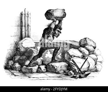 1830s QUASIMODO HUNCHBACK NOTRE DAME THROWING ROCKS OFF PARAPET NOVEL BY VICTOR HUGO - q66172 CPC001 HARS SANCTUARY PARAPET 1830s DEFENSE FICTIONAL LITERARY 1400s BLACK AND WHITE CAPITAL CITY NOVEL OLD FASHIONED VICTOR Stock Photo