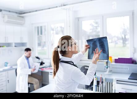 Two doctors working in laboratory reading x-ray lungs rib cage. Lab technicians diagnosing pulmonary medical illness. Stock Photo