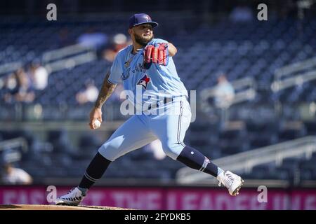 Bronx, United States. 27th May, 2021. Toronto Blue Jays pitcher Alek Manoa pitches in the first inning of Game 1 of a doubleheader against the New York Yankees at Yankee Stadium on Thursday, May 27, 2021, in New York City. Photo by Corey Sipkin/UPI Credit: UPI/Alamy Live News Stock Photo