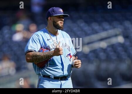 Bronx, United States. 27th May, 2021. Toronto Blue Jays pitcher Alek Manoa reacts in the first inning of Game 1 of a doubleheader against the New York Yankees at Yankee Stadium on Thursday, May 27, 2021, in New York City. Photo by Corey Sipkin/UPI Credit: UPI/Alamy Live News Stock Photo