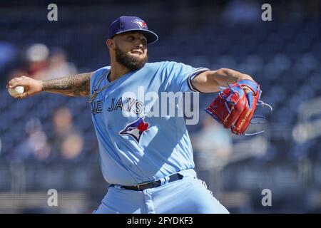 Bronx, United States. 27th May, 2021. Toronto Blue Jays pitcher Alek Manoa pitches in the first inning of Game 1 of a doubleheader against the New York Yankees at Yankee Stadium on Thursday, May 27, 2021, in New York City. Photo by Corey Sipkin/UPI Credit: UPI/Alamy Live News Stock Photo