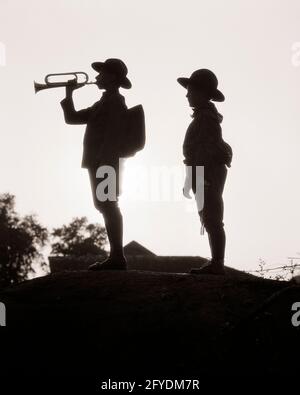 1920s 1920s SKYLINE SILHOUETTE OF TWO ANONYMOUS BOY SCOUTS WEARING CAMPAIGN STYLE HATS OUTDOORS IN THE FIELD ONE BLOWING A BUGLE - s837 HAR001 HARS SCOUT BROTHERS RURAL HEALTHINESS COPY SPACE FRIENDSHIP FULL-LENGTH PHYSICAL FITNESS SCOUTS MALES SIBLINGS CONFIDENCE B&W HAPPINESS WELLNESS CHEERFUL ADVENTURE DISCOVERY STRENGTH COURAGE EXCITEMENT KNOWLEDGE LEADERSHIP LOW ANGLE RECREATION PRIDE A IN OF OPPORTUNITY THE SIBLING BOY SCOUT CAMPAIGN THRIFTY CALLS CONCEPTUAL COURTEOUS FRIENDLY HELPFUL KIND REVERENT STYLISH TRUSTWORTHY REVEILLE ANONYMOUS TAPS GROWTH JUVENILES LOYAL RELAXATION BE PREPARED Stock Photo