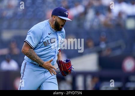 Bronx, United States. 27th May, 2021. Toronto Blue Jays pitcher Alek Manoah celebrates after the fifth inning of Game 1 of a doubleheader against the New York Yankees at Yankee Stadium on Thursday, May 27, 2021 in New York City. Photo by Corey Sipkin/UPI Credit: UPI/Alamy Live News Stock Photo