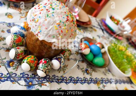 A Russian Easter meal with Kulitch and eggs Stock Photo