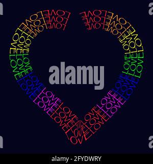 LGBT rainbow heart symbol love. Heart shape made of words LOVE Isolated vector illustration on dark blue background Stock Vector
