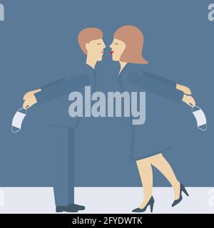 Couple holding protective mask and kissing Vector illustration Stock Vector