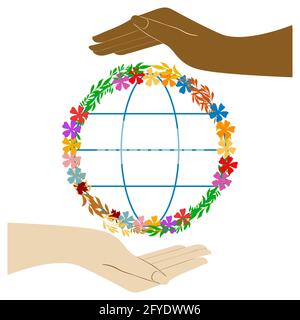 Two different human hands holding Earth  Vector illustration Isolated on white background Stock Vector