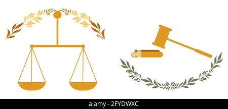 Justice scales and  judge gavel. Judgment symbols Design elements for world international justice day  Vector illustration Isolated on white backgroun Stock Vector