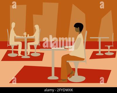 Young woman sitting in cafe and using laptop. Freelancer work and rest. Online communication. Side view. Copy space. Vector illustration Stock Vector