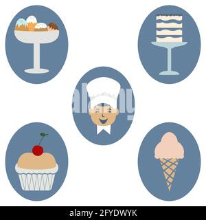Sweet food and cook icons on blue background Vector illustration Isolated on white background Stock Vector