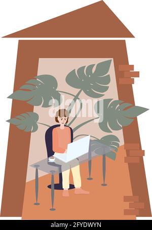 Girl sitting at desk and using laptop. Home shape. Freelance work  People studying and work remotely at home. Flat vector illustration. Isolated on wh Stock Vector
