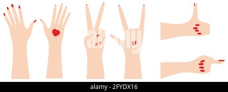 Human hand and funny gesture. Set of different gestures Cartoon vector illustration. Isolated on white background Stock Vector
