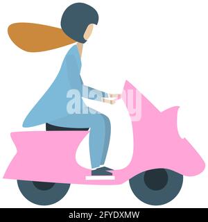 Young woman in helmet riding a scooter. Isolated vector illustration on white background. Flat style. Stock Vector