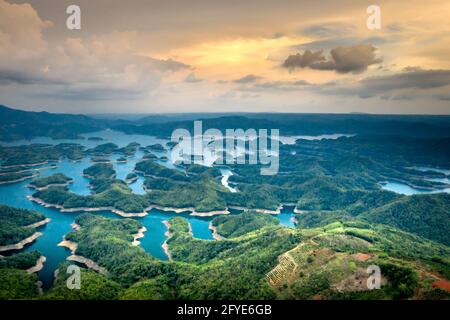 Panorama of Ta Dung Lake in Gia Nghia town, Dak Nong province, Vietnam. Stock Photo