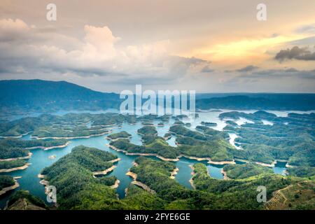 Panorama of Ta Dung Lake in Gia Nghia town, Dak Nong province, Vietnam. Stock Photo