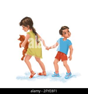 A strict sister leads her younger brother by the hand. Cute cartoon character isolated on white background. The cat is in the girl's arms, the boy loo Stock Photo