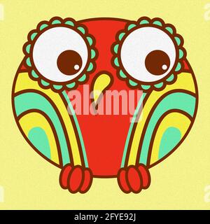 Illustration of amusing and funny oval owl in turquoise, yellow and red, made as an oil painting Stock Photo