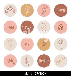 Hand drawn Instagram story highlight with minimal floral leaf, flower, branch elements. Doodle sketch style. Isolated vector illustration for logo, insta highlight, icon for blogger. Stock Vector