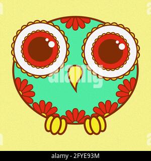 Illustration of amusing cartoon owl in oval shape on pale yellow background, made as an oil painting Stock Photo