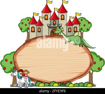 Blank wooden banner with fairy tale cartoon character and elements isolated illustration Stock Vector