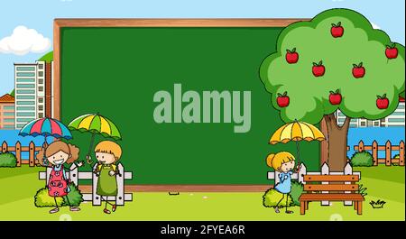 Empty blackboard in nature scene with many kids doodle cartoon character illustration Stock Vector