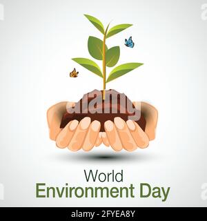 world environment day poster. two hands holding and green plant. vector illustration design. Stock Vector