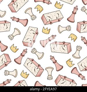 Hand drawn seamless pattern of cartoon chess game pieces. Doodle sketch style. Isolated vector illustration for a chess club, tournaments, course wallpaper, background, textile design. Stock Vector