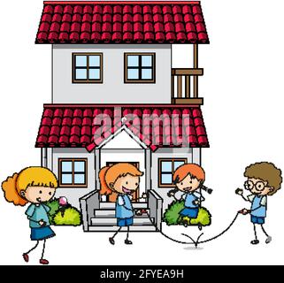 Many kids doing different activities around the house illustration Stock Vector
